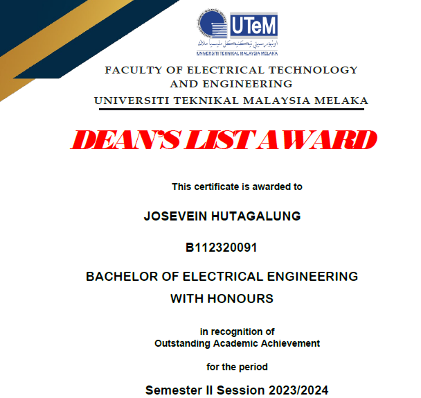 Josevein Hutagalung Mahasiswa Teknik Elektro ITERA Mendapatkan Anugerah Dekan di UTeM