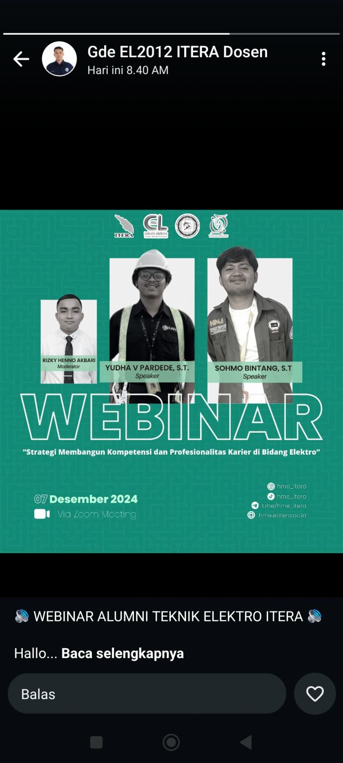 Webinar Alumni Teknik Elektro ITERA: Strategi Membangun Kompetensi dan Profesionalitas Karier di Bidang Elektro