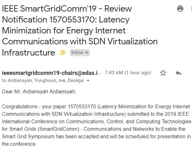 Excellence !! Makalah Kolaborasi CNU Korea Selatan dengan Teknik Elektro ITERA Diterima Untuk Dipresentasikan dan Dipublikasikan pada SmartGridComm, Beijing, Oktober 2019