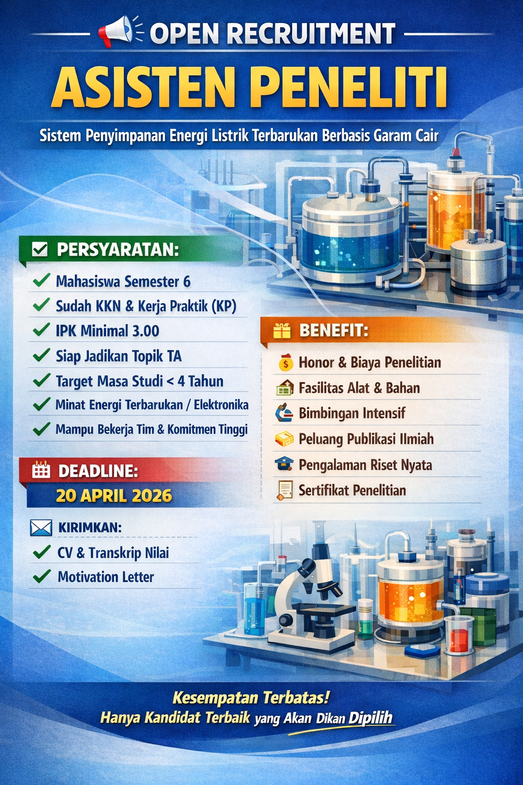 Poster Asisten Peneliti: Sistem Penyimpanan Energi Listrik Terbarukan Berbasis Garam Cair