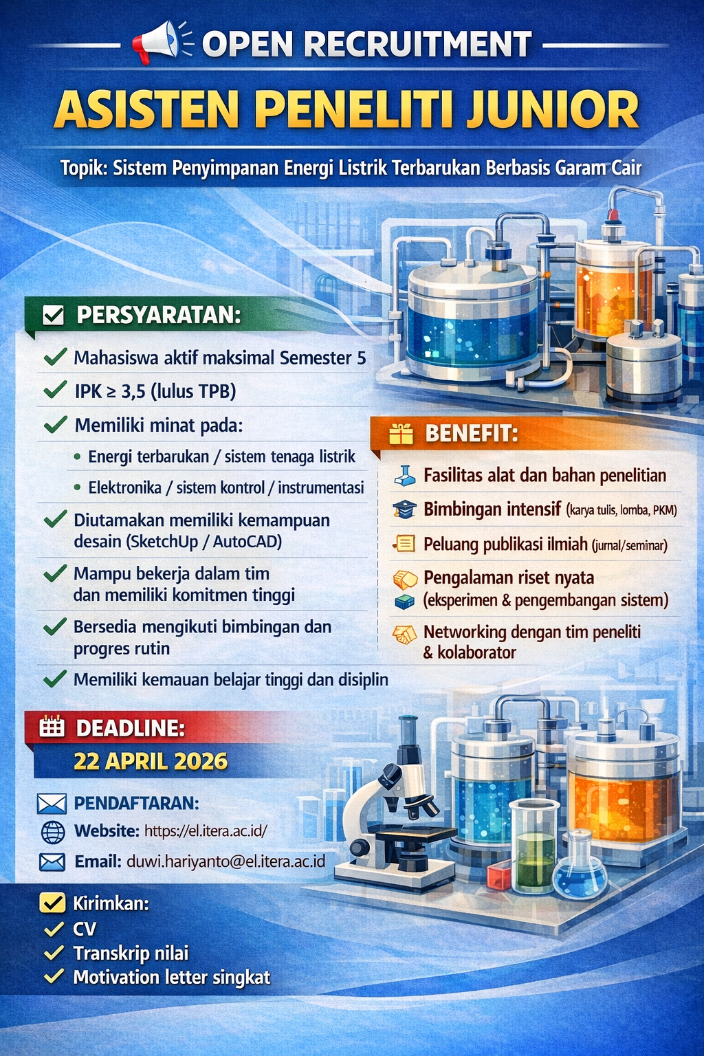 Poster Asisten Peneliti Junior: Sistem Penyimpanan Energi Listrik Terbarukan Berbasis Garam Cair