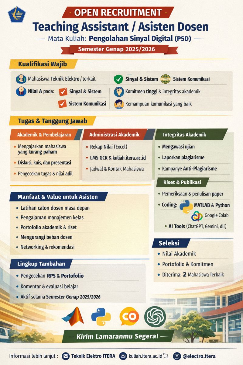 Poster 📢 OPEN RECRUITMENT Teaching Assistant / Asisten Dosen  Mata Kuliah: Pengolahan Sinyal Digital (PSD)